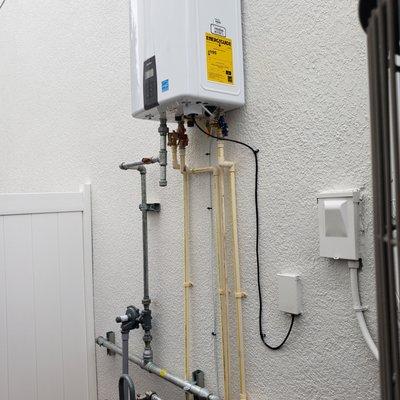 Continuous hot water from a tankless water heater.