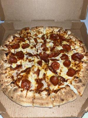 Large pepperoni pizza with stuffed crust.