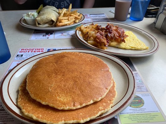 pancakes, eggs, bacon, home fries