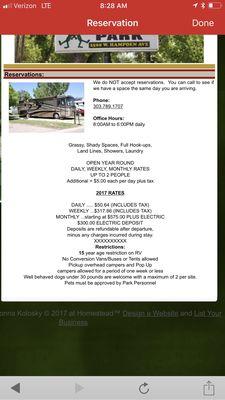 Read the fine print... no reservations? 2 people $50 per night, no older RV's.