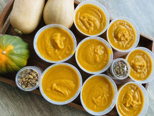 Roasted Vegan Pumpkin Soup served with Savory Seeds Granola