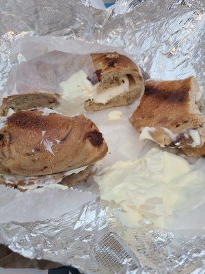 Supposed to be a toasted bagel with cream cheese. What I got was warm bagel with big glob of cream cheese