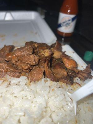 My go to meal! White rice is always fresh.  steak and stew chicken.  The portions are always more than enough and priced very reasonable.