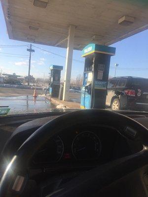 Older, industrial style gas station.