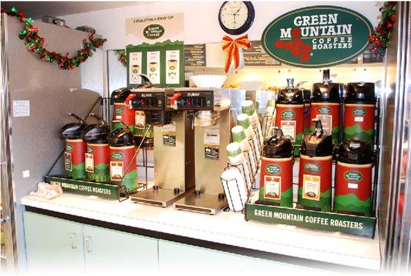 Green Mountain Coffee always available. Light, Medium, and Dark Roasts. Several Flavored Coffees as well.