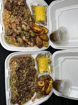 Oxtail fried rice with jerk, shrimp, side of corn and fried plantain.