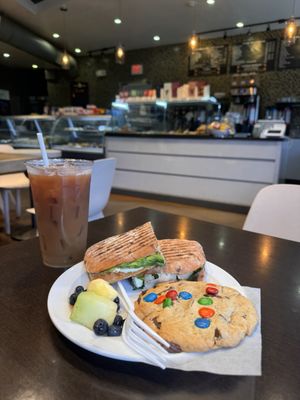 Oven Roasted Turkey on Cranberry Bread Panini, M&M cookie, Iced Coffee