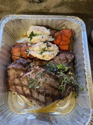 Perfectly cooked lobster tail and steak