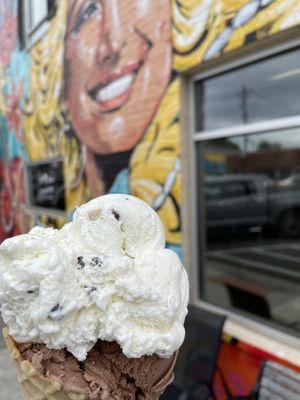 My ice cream cone where Dolly smiles bright.