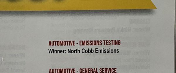 Received my Around Kennesaw magazine today (8/9/2023) and look who won the Reader's Choice 2023 Automotive Emissions Testing!