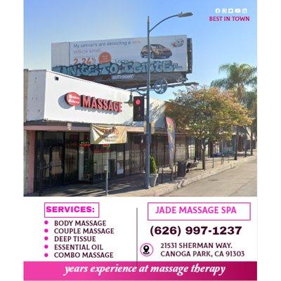 Grand Opening July 1 - !!!
JADE MASSAGE SPA 
21531 Sherman Way. Canoga Park, CA 91303.