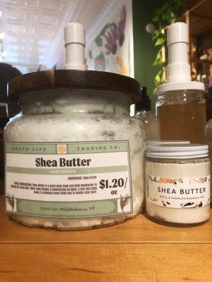 Shea butter is available in bulk as well and pre-packed, reusable glass jars.