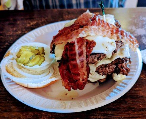 Triple cheeseburger with bacon