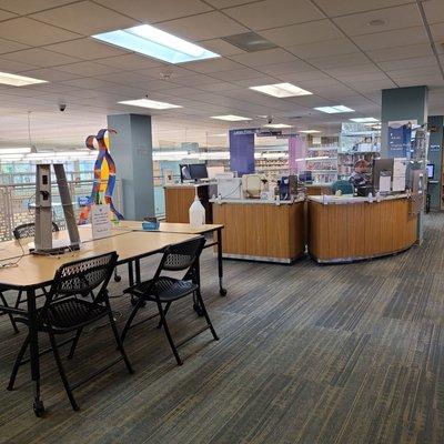 The cellphone charging station and the reception area.