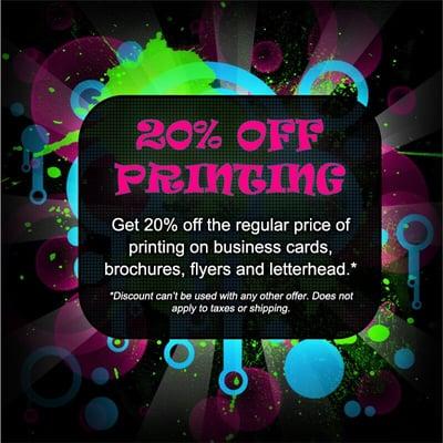 Get 20% OFF your next print order of business cards, brochures, and letterhead!