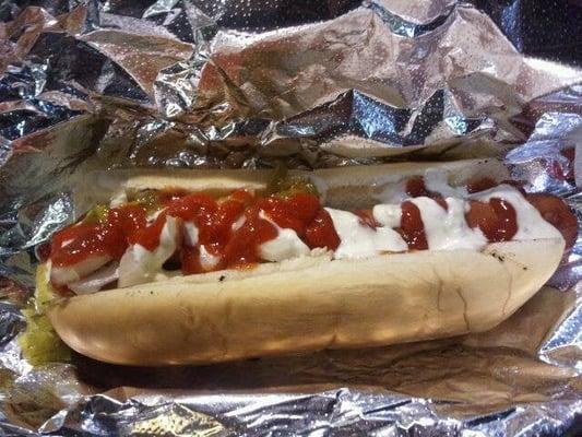 All beef hot dog - make sure you add the japanese mayo and the home made roasted jalepeno mayo