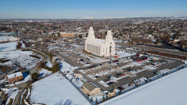 Layton Utah Temple on a winter day by drone on March 5, 2023. Official Website is TempleScoop.com