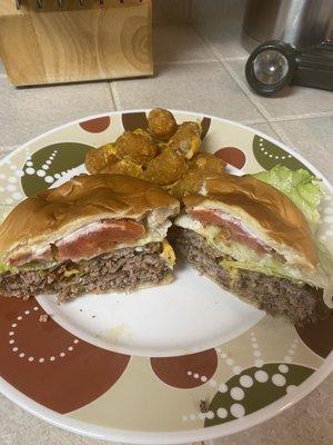 Double bacon cheese burger with cheese fries