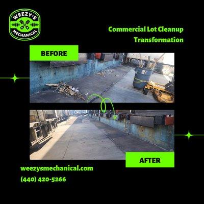 Before and after photos of a commercial property cleanup by Weezy's Mechanical.