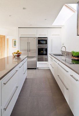 Kitchen remodel 2016. Wide plank flooring, double wide refrigerator, KWC faucet