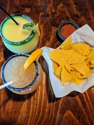 Frozen pineapple margarita (top) and watermelon margarita on the rocks (Bottom)