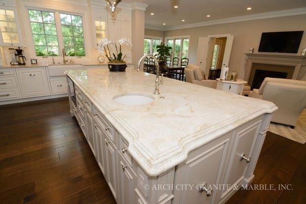 Taj Mahal Quartzite countertops with double stacked laminated edge in Town & Country, MO