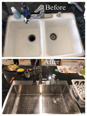 Sink and faucet replacement. Replaced under counter double sink with stainless steel top of the counter single sink and new faucet.