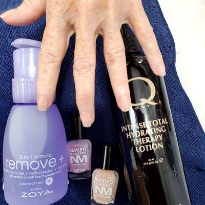 Polish remover, preps, nails base coat favorite polish, top coat, PURPLE BOTTLE