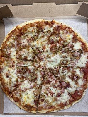 Captain's Meat Locker pizza- pepperoni, bacon, ham, and ground sausage