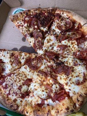 Large pepperoni half bacon