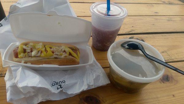 Hot dog, grape slushy and wonton soup