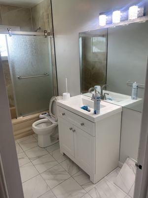 Deep cleaning bathroom , toilet , tub , and sink as well