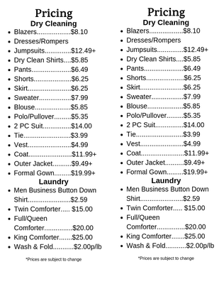 Complete price list which can be also found on our website