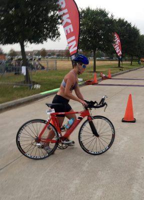 Local Olympic triathlon in Houston, coming out of the water and onto the bike.