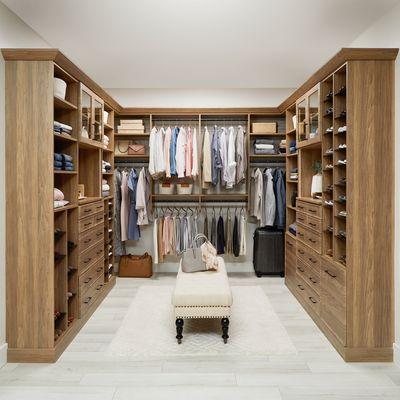 His & Her Walk-In Closet * New Natural Finish * ShoeShrine® * Dual Wardrobe Hang * Sliding Tie Rack * Sliding Belt Rack *  Dresser Drawers