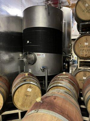 Pumped out wine barrels to blend in tank