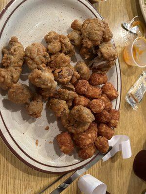 Tots and chicken gizzards--they were better than they look!