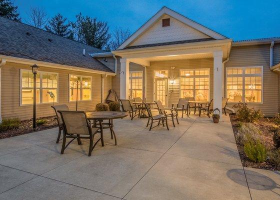 Our patio at dusk as residents are inside enjoying dinner.