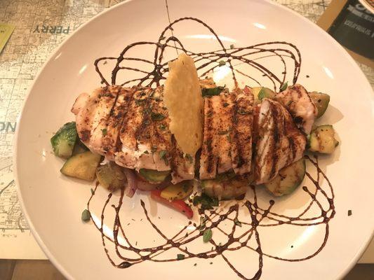 Low carb grilled chicken with roasted vegetables. Topped with a Parmesan crisp and drizzled with balsamic vinegar.