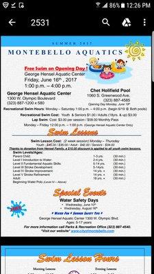 Recreational swim hours