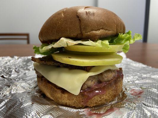 Turkey Burger with raspberry Mayo and apples.