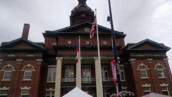 The Coweta County Courthouse with  a clock and chimes at the top. Awesome!