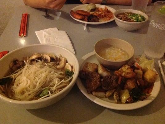 Rice cake, fry tofu and Chinese kimchi, fry pork chop, fry small fish, yam soup rice, Vietnamese noodle