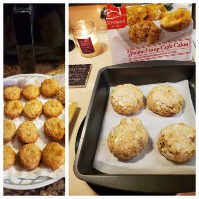 Schwan's Lobster & Shrimp Bites On Left.  Schwan's Jumbo Crab Cakes On Right B4 Cooking.  3/4/2022