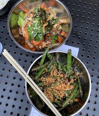 Top: Smashed Salmon. Outstanding.  Bottom: Charred Green Beans. Great but needs the red sauce that we had on the side.