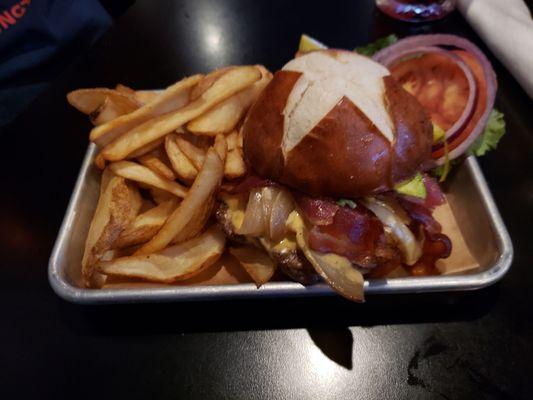 Beer cheese burger and stillery fries