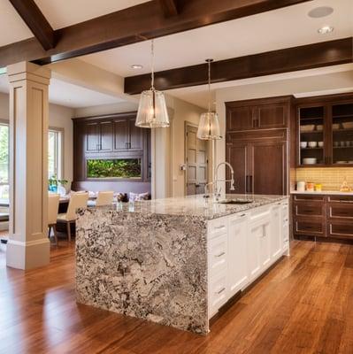 Gorgeous large-format kitchen islands that serve as a home's central hub are standard nowadays. We do these in both natural stone & Quartz.