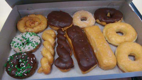 Assorted dozen. $7.50 and comes with small coffee or pop.