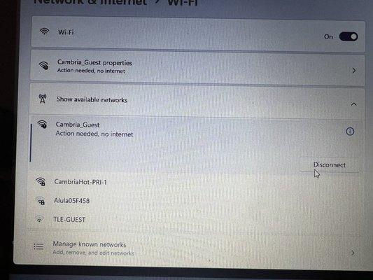 Internet not working--it was unreliable and largely non-functional. When working, it was Extremely slow and prone to dropping out