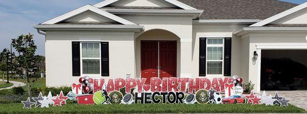 Your yard sing will include: Happy Birthday, Name, Coordinating Graphics for Sports/Hobbies